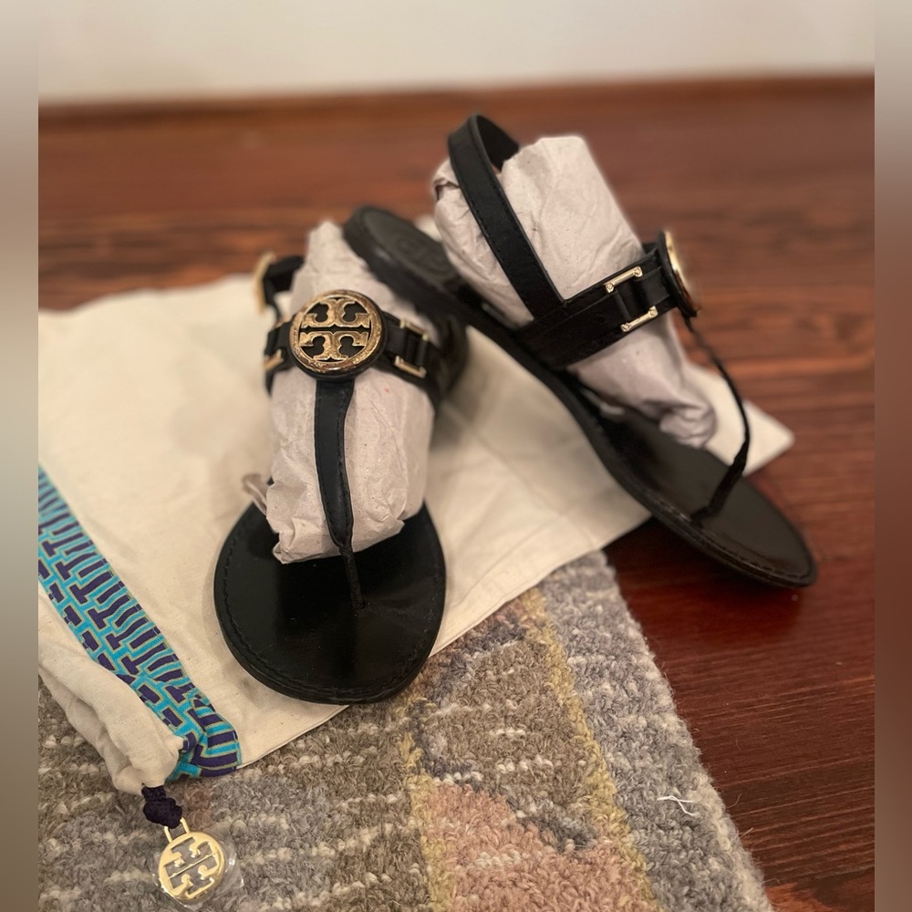 Tory Burch black & gold leather sandals